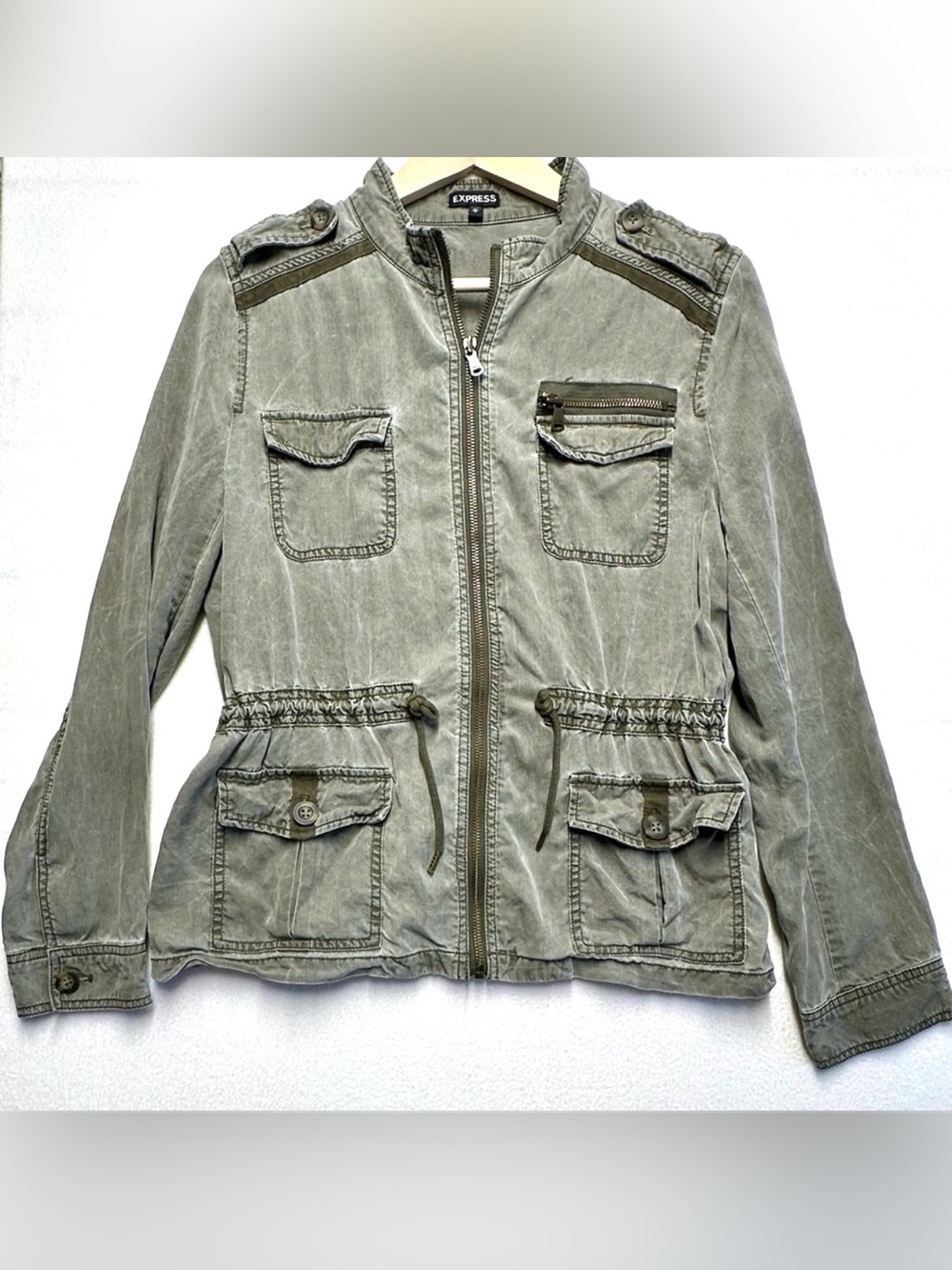 Express Women’s Medium Olive Green Utility Military Field Jacket Lyocell Cargo